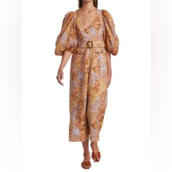 Zimmermann Brown Concert Belted Paisley-print Linen And Ramie Jumpsuit Size AU 1 - Picture 6 of 12